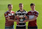 9 March 2016; In attendance at the Masita Post Primary School Championships Launch are, from left, Noel Fogarty, Our Lady's SS, Templemore, Tommy Walsh, St Kieran's College, and Joe Kelly, Presentation College Athenry, with the Croke Cup for the Senior Hurling A competition. Croke Park, Dublin. Picture credit: Piaras Ó Mídheach / SPORTSFILE