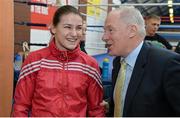 9 March 2016; Michael Ring, T.D., Minister of State for Tourism & Sport, talks to Irish boxer Katie Taylor at the IABA High Performance Squad before a training session to mark 150 days to go to the Rio 2016 Olympic Games. National Boxing Stadium, Dublin. Picture credit: Cody Glenn / SPORTSFILE