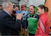 9 March 2016; Michael Ring, T.D., Minister of State for Tourism & Sport, talks to Katie Taylor and Ireland National Coach Zaur Antia at the IABA High Performance Squad before a training session to mark 150 days to go to the Rio 2016 Olympic Games. National Boxing Stadium, Dublin. Picture credit: Cody Glenn / SPORTSFILE
