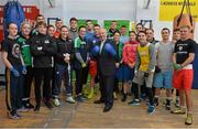 9 March 2016; Michael Ring, T.D., Minister of State for Tourism & Sport, meets boxers and coaches with the IABA High Performance Squad before a training session to mark 150 days to go to the Rio 2016 Olympic Games. National Boxing Stadium, Dublin. Picture credit: Cody Glenn / SPORTSFILE