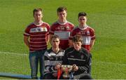 9 March 2016; In attendance at the Masita Post Primary School Championships Launch are, back row, from left, Noel Fogarty, Our Lady's SS Templemore and Jack Fitzpatrick, and Evan Niland, Presentation College Athenry. Front row Tommy Walsh, and Michael Cody, St Kieran's College with the Croke Cup for the Senior Hurling A competition. Croke Park, Dublin. Picture credit: Piaras Ó Mídheach / SPORTSFILE