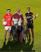 10 March 2016; The GAA is calling on members of all its clubs and members of the public to join them in Croke Park, on Sunday April 24, for the Association's national Commemorative Event. Pictured are from left, Niall Kelly, Athy GAA Club, Co. Kildare, Tony Dunne, with Irish Wolfhounds Aoife and Meabh, and Tony Kelly, Ballyhea GAA Club, Co. Clare. Croke Park, Dublin. Picture credit: Ray McManus / SPORTSFILE