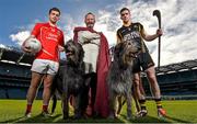 10 March 2016; The GAA is calling on members of all its clubs and members of the public to join them in Croke Park, on Sunday April 24, for the Association's national Commemorative Event. Pictured are from left, Niall Kelly, Athy GAA Club, Co. Kildare, Tony Dunne, with Irish Wolfhounds Aoife and Meabh, and Tony Kelly, Ballyhea GAA Club, Co. Clare. Croke Park, Dublin. Picture credit: Cody Glenn / SPORTSFILE