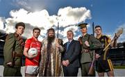 10 March 2016; The GAA is calling on members of all its clubs and members of the public to join them in Croke Park, on Sunday April 24, for the Association's national Commemorative Event  Pictured are 'Irish Volunteers' Adam Cahill, left, and William Nortley, Niall Kelly, second from left, Athy GAA Club, Co. Kildare, Andrew McClay as Cuchullin, Uachtarán Chumann Lúthchleas Aogán Ó Fearghail, and Tony Kelly, Ballyhea GAA Club, Co. Clare. Croke Park, Dublin. Picture credit: Cody Glenn / SPORTSFILE