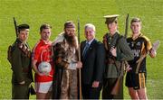 10 March 2016; The GAA is calling on members of all its clubs and members of the public to join them in Croke Park, on Sunday April 24, for the Association's national Commemorative Event. Pictured are, 'Irish Volunteers' Adam Cahill, left, and William Nortley, Niall Kelly, second from left, Athy GAA Club, Co. Kildare, Andrew McClay, as Cuchullin, Uachtarán Chumann Lúthchleas Aogán Ó Fearghail, and Tony Kelly, Ballyhea GAA Club, Co. Clare. Croke Park, Dublin. Picture credit: Ray McManus / SPORTSFILE