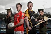 10 March 2016; The GAA is calling on members from all of its clubs and members of the public to join them in Croke Park, on Sunday April 24, for the Association's national 1916 Commemorative Event. Pictured are Niall Kelly, centre left, Athy GAA Club, Co. Kildare, and Tony Kelly, Ballyhea GAA Club, Co. Clare, flanked by 'Irish Volunteers' William Nortley, left, and Adam Cahill. Croke Park, Dublin. Picture credit: Cody Glenn / SPORTSFILE
