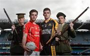 10 March 2016; The GAA is calling on members from all of its clubs and members of the public to join them in Croke Park, on Sunday April 24, for the Association's national 1916 Commemorative Event. Pictured are Niall Kelly, centre left, Athy GAA Club, Co. Kildare, and Tony Kelly, Ballyhea GAA Club, Co. Clare, flanked by 'Irish Volunteers' William Nortley, left, and Adam Cahill. Croke Park, Dublin. Picture credit: Cody Glenn / SPORTSFILE