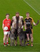 10 March 2016; The GAA is calling on members of all its clubs and members of the public to join them in Croke Park, on Sunday April 24, for the Association's national Commemorative Event. Pictured Andrew McClay, as Cuchullin, with Irish Wolfhounds Aoife and Meabh, and Niall Kelly, left, Athy GAA Club, Co. Kildare, and Tony Kelly, Ballyhea GAA Club, Co. Clare. Croke Park, Dublin. Picture credit: Ray McManus / SPORTSFILE