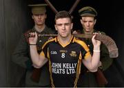 10 March 2016; The GAA is calling on members of all its clubs and members of the public to join them in Croke Park, on Sunday April 24, for the Association's national Commemorative Event. Pictured are Tony Kelly, Ballyhea GAA Club, Co. Clare, flanked by 'Irish Volunteers' William Nortley, left, and Adam Cahill. Croke Park, Dublin. Picture credit: Cody Glenn / SPORTSFILE