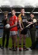 10 March 2016; The GAA is calling on members from all of its clubs and members of the public to join them in Croke Park, on Sunday April 24, for the Association's national 1916 Commemorative Event. Pictured are Niall Kelly, centre left, Athy GAA Club, Co. Kildare, and Tony Kelly, Ballyhea GAA Club, Co. Clare, flanked by Irish Volunteers William Nortley, left, and Adam Cahill. Croke Park, Dublin. Picture credit: Cody Glenn / SPORTSFILE