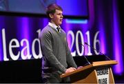 11 March 2016; Shane Curran, Chairman of the Terenure College Student Committee, speaking at the 10th Annual Terenure College ‘Leaders On Our Level’ at the Convention Centre. The event, completely organised by the transition year students of Terenure College in Dublin, saw a series of speakers inspire and motivate the 2000 students in attendance. Special guests included adventurer Mark Pollock, musician and author Bressie, ex Ireland Women’s Rugby Captain Fiona Coghlan, Kerry footballing Legend Colm Cooper, Fiona Carey, Director of Operations, Microsoft, sports psychologist Enda McNulty, Michael Carey, Chairman, Bord Bia, Donna Reilly, HR Business Partner, AIB, Fr. Peter McVerry and Bernard Byrne, Chief Executive, AIB. Convention Centre, Dublin. Picture credit: Ramsey Cardy / SPORTSFILE