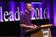 11 March 2016; Kerry footballer Colm Cooper speaking at the 10th Annual Terenure College ‘Leaders On Our Level’ at the Convention Centre. The event, completely organised by the transition year students of Terenure College in Dublin, saw a series of speakers inspire and motivate the 2000 students in attendance. Special guests included adventurer Mark Pollock, musician and author Bressie, ex Ireland Women’s Rugby Captain Fiona Coghlan, Kerry footballing Legend Colm Cooper, Fiona Carey, Director of Operations, Microsoft, sports psychologist Enda McNulty, Michael Carey, Chairman, Bord Bia, Donna Reilly, HR Business Partner, AIB, Fr. Peter McVerry and Bernard Byrne, Chief Executive, AIB. Convention Centre, Dublin.  Picture credit: Ramsey Cardy / SPORTSFILE