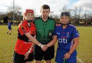 21 February 2010; Referee John Morrissey with UCC captain Grainne Kenneally and WIT captain Ursula Jacob. Ashbourne Cup Final Waterford Institute of Technology v University College Cork. Cork Institute of Technology, Cork. Picture credit: Stephen McCarthy / SPORTSFILE
