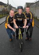 23 February 2010; The All-Ireland winning Kilkenny hurling squad, along with past players, and Ireland's top handballers, are preparing to don a jersey of a different nature on Saturday the 6th of March - taking to the roads of Kilkenny for a thirteen stage cycle around Kilkenny City to raise money for Enable Ireland. The Cats pedalling line up includes current stars such as Henry Shefflin and Tommy Walsh, as well as former giants of the game DJ Carey, Joe Hennessy and Noel Skehan. The event has been organised by Kilkenny handball legend Michael 'Ducksy' Walsh, who amassed and incredible 38 All-Ireland senior titles. Still playing at the top levels of the sport, Ducksy now dedicates much of his time to charity fundraising. The event is also being supported by the GAA and by the Irish Handball Council. At the announcement of the final route for the cycle are Hurling All-Star of the Year Kilkenny's Tommy Walsh, with former Kilkenny hurler Joe Hennessy, left, and Kilkenny handball legend Michael 'Ducksy' Walsh, right. Enable Ireland, O'Neill Centre, St. Joseph's Road, Kilkenny. Picture credit: Brian Lawless / SPORTSFILE