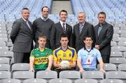 23 February 2010; At the launch of the Cadbury GAA Football U21 All Ireland Championship are, front, from left, players Barry John Walsh, Kerry, Donal Shine, Roscommon and Rory O'Carroll, Dublin, with back, from left, Hero of the Future Judges Paul Caffrey and Dermot Earley, Shane Guest, Cadbury Ireland, Uachtarán CLG Criostóir Ó Cuana and Hero of the Future Judge Micheal O Domhnaill. This is Cadbury’s sixth year as sponsor and will see even more support given to the championship with in-store activity, digital initiatives, and further on-street activity taking place over the next 3 months. For more details log onto www.cadburygaau21.com or join Cadbury GAA Football on facebook. Croke Park, Dublin. Picture credit: Brendan Moran / SPORTSFILE