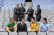 23 February 2010; At the launch of the Cadbury GAA Football U21 All Ireland Championship are, front, from left, Barry John Walsh, Kerry, Shane Guest, Cadbury Ireland, Donal Shine, Roscommon and Rory O'Carroll, Dublin, with back, from left, Hero of the Future Judges Paul Caffrey and Dermot Earley, Uachtarán CLG Criostóir Ó Cuana and Hero of the Future Judge Micheal O Domhnaill. This is Cadbury’s sixth year as sponsor and will see even more support given to the championship with in-store activity, digital initiatives, and further on-street activity taking place over the next 3 months. For more details log onto www.cadburygaau21.com or join Cadbury GAA Football on facebook. Croke Park, Dublin. Picture credit: Brendan Moran / SPORTSFILE