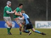 23 February 2010; Mark McPhillips, supported by team-mate Stephen Murphy, Gonzaga College SJ, is tackled by Eoin O'Connor, Newpark Comprehensive. Vinnie Murray Semi-Final, Newpark Comprehensive v Gonzaga College SJ, Old Belvedere RFC, Anglesea Road, Dublin. Picture credit: Stephen McCarthy / SPORTSFILE