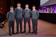 11 March 2016; The Terenure College Student Committee, from left, Matthew O'Shea, Shane Curran, Tom Muldoon and Jamie Devlin, at the 10th Annual Terenure College ‘Leaders On Our Level’ at the Convention Centre. The event, completely organised by the transition year students of Terenure College in Dublin, saw a series of speakers inspire and motivate the 2000 students in attendance. Special guests included adventurer Mark Pollock, musician and author Bressie, ex Ireland Women’s Rugby Captain Fiona Coghlan, Kerry footballing Legend Colm Cooper, Fiona Carey, Director of Operations, Microsoft, sports psychologist Enda McNulty, Michael Carey, Chairman, Bord Bia, Donna Reilly, HR Business Partner, AIB, Fr. Peter McVerry and Bernard Byrne, Chief Executive, AIB. Convention Centre, Dublin.  Picture credit: Ramsey Cardy / SPORTSFILE