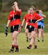 11 March 2016; Dejected University College Cork players Marie Ambrose, left, and Mairead Corkery after the final whistle. O'Connor Cup Semi-Final - University College Cork v University College Dublin. John Mitchels GAA Club, Tralee, Co. Kerry.  Picture credit: Brendan Moran / SPORTSFILE