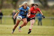 11 March 2016; Meghan Glynn, University College Dublin, in action against Marie Ambrose, University College Cork. O'Connor Cup Semi-Final - University College Cork v University College Dublin. John Mitchels GAA Club, Tralee, Co. Kerry.  Picture credit: Brendan Moran / SPORTSFILE