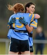 11 March 2016; University College Dublin players Roisin Curran, left, and Emma Guckian celebrate at the final whistle. O'Connor Cup Semi-Final - University College Cork v University College Dublin. John Mitchels GAA Club, Tralee, Co. Kerry.  Picture credit: Brendan Moran / SPORTSFILE