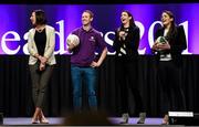 11 March 2016; Pictured are, from left, Donna Reilly, HR Business Partner, AIB, Kerry footballer Colm Cooper, Fiona Carney, Director of Operations, Microsoft and former Ireland women's rugby captain Fiona Coghlan, at the 10th Annual Terenure College ‘Leaders On Our Level’ at the Convention Centre. The event, completely organised by the transition year students of Terenure College in Dublin, saw a series of speakers inspire and motivate the 2000 students in attendance. Special guests included adventurer Mark Pollock, musician and author Bressie, ex Ireland Women’s Rugby Captain Fiona Coghlan, Kerry footballing Legend Colm Cooper, Fiona Carney, Director of Operations, Microsoft, sports psychologist Enda McNulty, Michael Carey, Chairman, Bord Bia, Donna Reilly, HR Business Partner, AIB, Fr. Peter McVerry and Bernard Byrne, Chief Executive, AIB. Convention Centre, Dublin.  Picture credit: Ramsey Cardy / SPORTSFILE