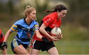 11 March 2016; Hannah Looney, University College Cork, in action against Ciara Murphy, University College Dublin. O'Connor Cup Semi-Final - University College Cork v University College Dublin. John Mitchels GAA Club, Tralee, Co. Kerry.  Picture credit: Brendan Moran / SPORTSFILE