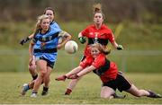11 March 2016; Meghan Glynn, University College Dublin, in action against Roisin Phelan, University College Cork. O'Connor Cup Semi-Final - University College Cork v University College Dublin. John Mitchels GAA Club, Tralee, Co. Kerry.  Picture credit: Brendan Moran / SPORTSFILE