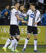 11 March 2016; Paddy Barrett, Dundalk, centre, is congratulated by Ciara Kilduff and Sean Gannon after scoring the first goal. SSE Airtricity League Premier Division, Dundalk v Finn Harps. Oriel Park, Dundalk, Co. Louth.  Picture credit: Oliver McVeigh / SPORTSFILE