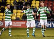11 March 2016; Gary McCabe, Shamrock Rovers, centre, celebrates after scoring his side's second goal with team-mates Brandon Miele, left and Gary Shaw. SSE Airtricity League Premier Division, Shamrock Rovers v Wexford Youths. Tallaght Stadium, Tallaght, Co. Dublin.  Picture credit: David Maher / SPORTSFILE