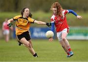 12 March 2016; Sarah Dillon, Mercy S.S. Ballymahon, Longford, in action against Brid O'Connor, Scoil Phobail Sliabh Luachra, Rathmore, Kerry. Lidl All Ireland Junior C Post Primary Schools Championship Final 2016, Mercy S.S. Ballymahon, Longford v Scoil Phobail Sliabh Luachra, Rathmore, Kerry. MacDonagh Park, Nenagh, Tipperary. Picture credit: Matt Browne / SPORTSFILE