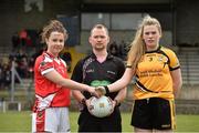 12 March 2016; Referee Garryowen McMahon  with Aishling McCormack, Mercy S.S. Ballymahon, Longford, and Sinead Warren, Scoil Phobail Sliabh Luachra, Rathmore, Kerry. Lidl All Ireland Junior C Post Primary Schools Championship Final 2016, Mercy S.S. Ballymahon, Longford v Scoil Phobail Sliabh Luachra, Rathmore, Kerry. MacDonagh Park, Nenagh, Tipperary. Picture credit: Matt Browne / SPORTSFILE