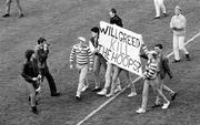 12 April 1987; Shamrock Rovers supporters and members of KRAM, Keep Rovers At Miltown, protest on the pitch after the final match to be played at the venue. Shamrock Rovers v Sligo Rovers, League of Ireland, First Division, Glenmalure Park, Milltown, Dublin. Picture credit: Ray McManus / SPORTSFILE