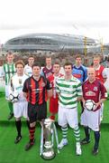 26 February 2010; Airtricty Premier Division players, from left, Chris Shiels, Bray Wnaderers, Steven Paisley, Sporting Fingal, Steven Maher, Dundalk, Ken Oman, Bohemians, Brendan McGill, Drogheda United, Iorlaigh Davoren, Sligo Rovers, Craig Sives, Shamrock Rovers, Greg Bolger, UCD, Thomas Heary, Galway United, and Conor Sinnott, St. Patrick's Athletic, at the launch of 2010 Airtricity League. D4 Berkely Hotel, Ballsbridge, Dublin. Picture credit: David Maher / SPORTSFILE