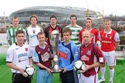 26 February 2010; Airtricty Premier Division players, front row, from left, Steven Maher, Dundalk, Brendan McGill, Drogheda United, Greg Bolger, UCD, Thomas Heary, Galway United, back row, from left, Chris Shiels, Bray Wanderers, Steven Paisley, Sporting Fingal, Ken Oman, Bohemians, Craig Sives, Shamrock Rovers, Iorlaigh Davoren, Sligo Rovers, and Conor Sinnott, St. Patrick's Athletic, at the launch of 2010 Airtricity League. D4 Berkely Hotel, Ballsbridge, Dublin. Picture credit: David Maher / SPORTSFILE