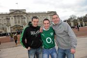 26 February 2010; Ireland supporters, from left, Eric Connolly, Martin Fallon, and Robert Connolly, from Galway, outside Buckingham Palace in London ahead of their RBS Six Nations Rugby Championship match against England on Saturday. Buckingham Palace, London. Picture credit: Brendan Moran / SPORTSFILE