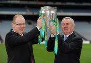 26 February 2010; Uachtarán CLG Criostóir Ó Cuana with Donal Horgan, Managing Director, Centra, and the Liam MacCarthy Cup at the announcement of a new partnership with Centra and its 558 retail partners. Centra have been confirmed as an official sponsor of the GAA Hurling All-Ireland Championship. Croke Park, Dublin. Picture credit: Ray McManus / SPORTSFILE