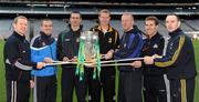 26 February 2010; GAA Stars, from left, Ollie Canning, Galway, David O'Callaghan, Dublin, Neill McManus, Antrim, Henry Shefflin, Kilkenny, John Mullane, Waterford, Ben O'Connor, Cork, and Eoin Kelly, Tipperary, with the Liam MacCarthy Cup at the announcement of a new partnership with Centra and its 558 retail partners. Centra have been confirmed as an official sponsor of the GAA Hurling All-Ireland Championship. Croke Park, Dublin. Picture credit: Ray McManus / SPORTSFILE