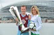 26 February 2010; Brendan McGill, Drogheda United, with model Jenny Lee Masterson at the launch of 2010 Airtricity Premier Division. D4 Berkely Hotel, Ballsbridge, Dublin. Picture credit: David Maher / SPORTSFILE