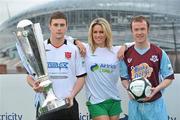 26 February 2010; Steven Maher, Dundalk, and Brendan McGill, Drogheda United, with model Jenny Lee Masterson at the launch of 2010 Airtricity Premier Division. D4 Berkely Hotel, Ballsbridge, Dublin. Picture credit: David Maher / SPORTSFILE