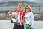 26 February 2010; Mark McCrystal, Derry City, with model Jenny Lee Masterson at the launch of 2010 Airtricity First Division. D4 Berkely Hotel, Ballsbridge, Dublin. Picture credit: David Maher / SPORTSFILE
