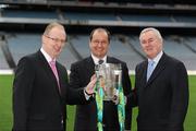 26 February 2010; Uachtarán Chumann Lúthchleas Gael Criostóir Ó Cuana with Donal Horgan, Managing Director, Centra, left, Chris Martin, CEO, Musgrave Group, and the Liam MacCarthy Cup at the announcement of a new partnership with Centra and its 558 retail partners. Centra have been confirmed as an official sponsor of the GAA Hurling All-Ireland Championship. Croke Park, Dublin. Picture credit: Ray McManus / SPORTSFILE