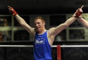 20 February 2010; Ray Moylette, St Annes, celebrates his victory over Philip Sutcliffe, Crumlin, following their 64kg bout. National Boxing Championships - Semi-Finals, National Stadium, Dublin. Picture credit: Stephen McCarthy / SPORTSFILE