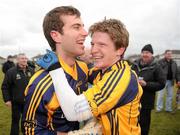 27 February 2010; DCU's Michael Boyle, left, and David Kelly celebrate after the game. Ulster Bank Sigerson Cup Final, Dublin City University v University College Cork, Leixlip GAA Club, Leixlip, Co. Kildare. Picture credit: Pat Murphy / SPORTSFILE