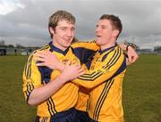 27 February 2010; DCU's Cathal Cregg and Kieran Gavin, right, celebrate after the game. Ulster Bank Sigerson Cup Final, Dublin City University v University College Cork, Leixlip GAA Club, Leixlip, Co. Kildare. Picture credit: Pat Murphy / SPORTSFILE