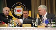 27 February 2010; New Ulster GAA President Aogan Farrell, right, is congratulated by Ulster GAA Secretary Dany Murphy, left, with outgoing Ulster GAA President Tom Daly at the Ulster Council GAA Convention. Ulster Council GAA Convention, Errigal Hotel, Cootehill, Co. Cavan. Picture credit: Oliver McVeigh / SPORTSFILE