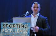 12 March 2016; Conor McPhilips, who played for Connacht from 2003 to 2008, during his Performance Analysis presentation at the Sporting Excellence Conference in the Breaffy House Resort, Castlebar, Mayo. Picture credit: Ray McManus / SPORTSFILE