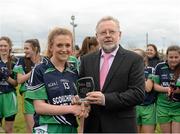 12 March 2016; Emma Lawlor, Scoil Chríost Rí, Portlaoise receives the player of the match from Finbar O'Driscoll, Leinster President Ladies GAA. Lidl All Ireland Junior A Post Primary Schools Championship Final 2016, Scoil Chríost Rí, Portaoise, v St Ronan's College Lurgan, Armagh. Park Oliver Plunketts, Drogheda, Co. Louth. Picture credit: Oliver McVeigh / SPORTSFILE