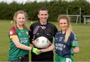 12 March 2016; Referee Kevin Corcoran with Emma Lawlor, Scoil Chríost Rí, Portlaoise, right, and Megan McCann, St Ronan's College Lurgan, Armagh, during the toss. Lidl All Ireland Junior A Post Primary Schools Championship Final 2016, Scoil Chríost Rí, Portaoise, v St Ronan's College Lurgan, Armagh. Park Oliver Plunketts, Drogheda, Co. Louth. Picture credit: Oliver McVeigh / SPORTSFILE