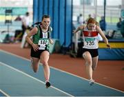12 March 2016; Lauren Roy, Ballymena & Antrim A.C., left, and Lydia Doyle, Galway City Harriers A.C., in action during the Girls U17 60m heats. GloHealth Juvenile Indoor Championships. AIT, Athlone, Co. Westmeath. Picture credit: Sam Barnes / SPORTSFILE